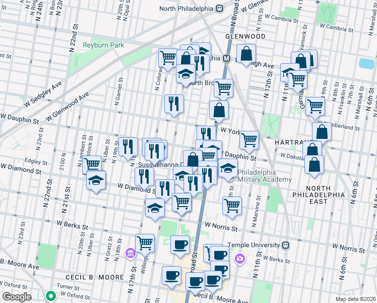 map of restaurants, bars, coffee shops, grocery stores, and more near 2256 North 15th Street in Philadelphia