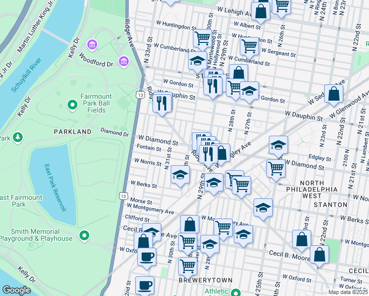 map of restaurants, bars, coffee shops, grocery stores, and more near 3008 West Diamond street in Philadelphia