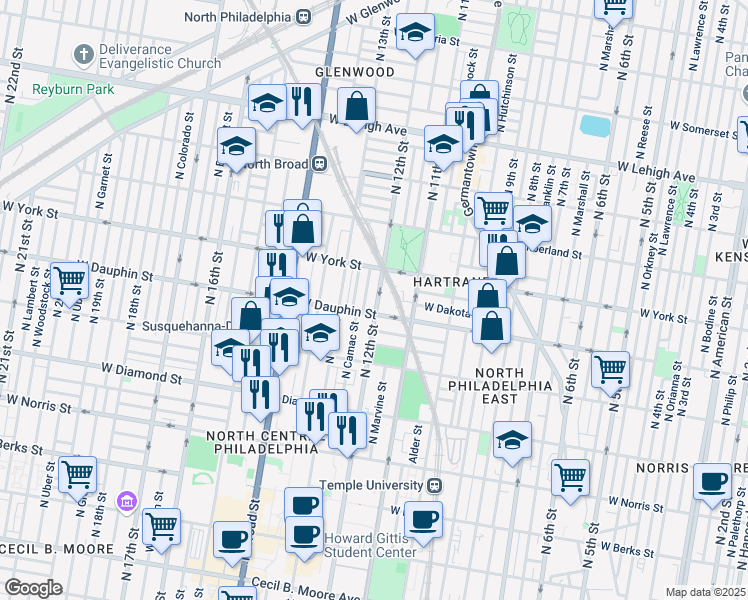 map of restaurants, bars, coffee shops, grocery stores, and more near 2318 North 12th Street in Philadelphia