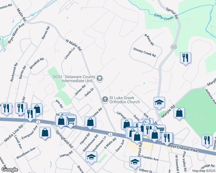 map of restaurants, bars, coffee shops, grocery stores, and more near 2 Chapel Cir in Broomall