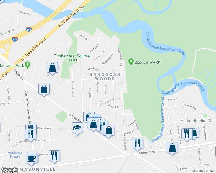 map of restaurants, bars, coffee shops, grocery stores, and more near 320 Cedar Lane in Mount Laurel Township