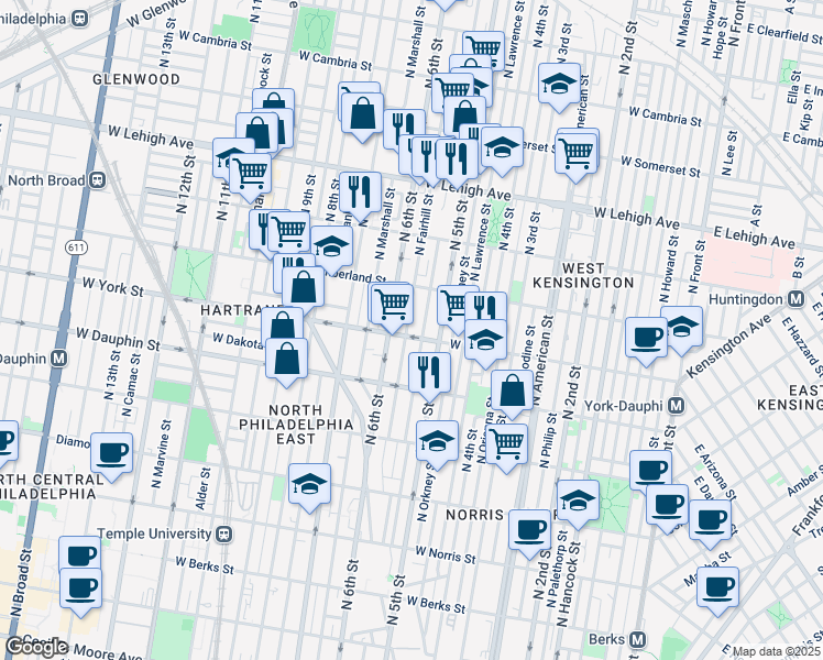 map of restaurants, bars, coffee shops, grocery stores, and more near 533 West York Street in Philadelphia