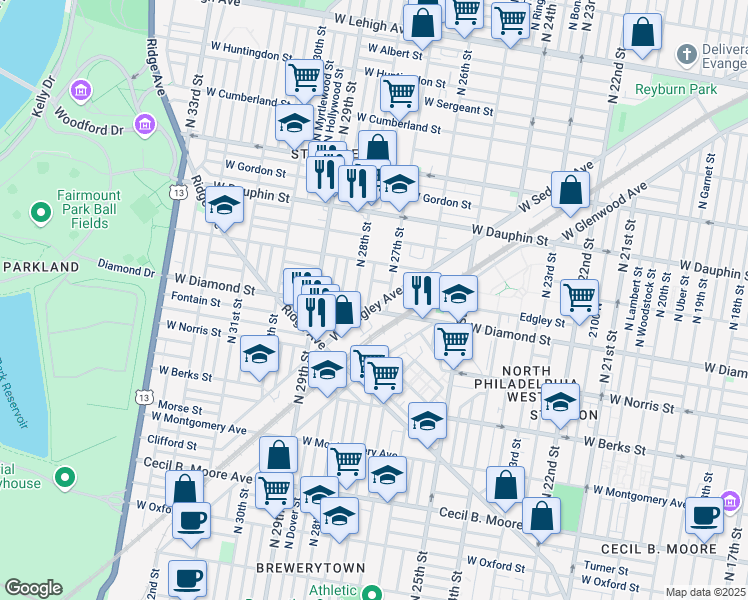 map of restaurants, bars, coffee shops, grocery stores, and more near 2139 North 28th Street in Philadelphia