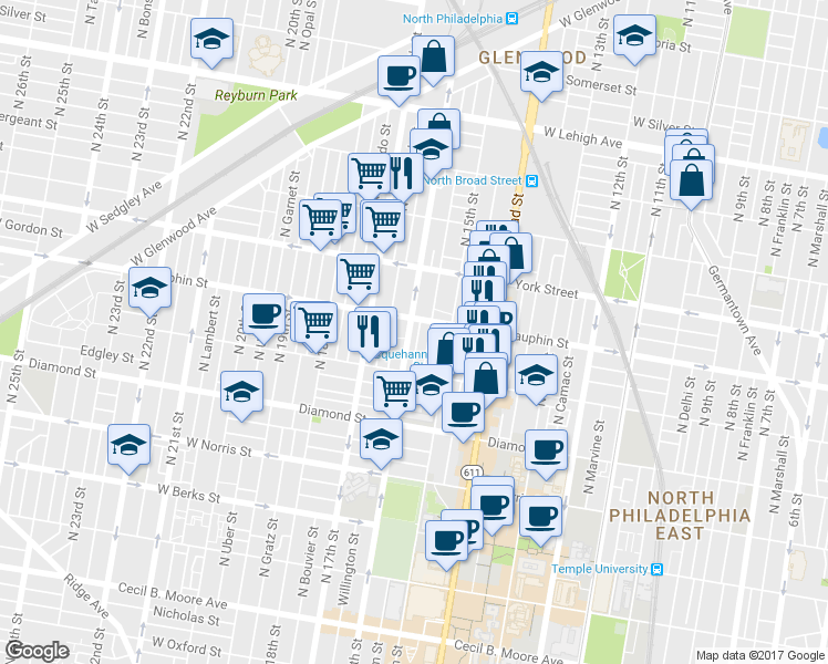 map of restaurants, bars, coffee shops, grocery stores, and more near 2253 North 16th Street in Philadelphia