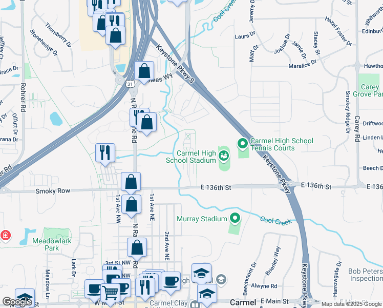 map of restaurants, bars, coffee shops, grocery stores, and more near 964 Orlando Street in Carmel