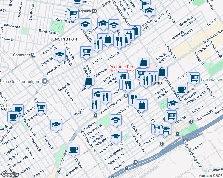 map of restaurants, bars, coffee shops, grocery stores, and more near 3052 Tulip Street in Philadelphia