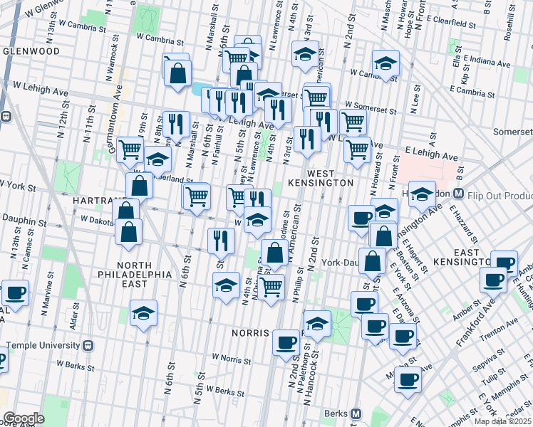 map of restaurants, bars, coffee shops, grocery stores, and more near 2426 North Orianna Street in Philadelphia
