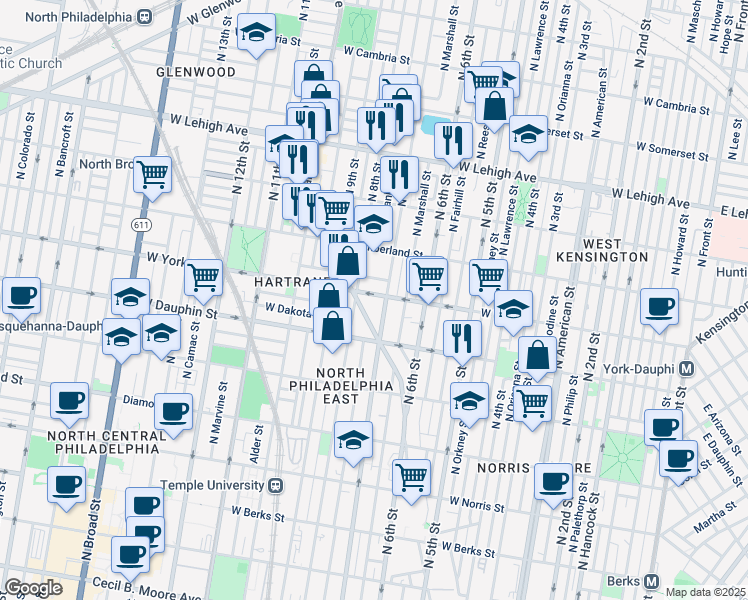 map of restaurants, bars, coffee shops, grocery stores, and more near 714 West York Street in Philadelphia