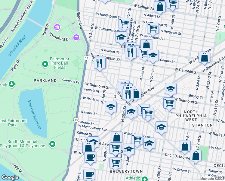 map of restaurants, bars, coffee shops, grocery stores, and more near 3008 West Diamond street in Philadelphia