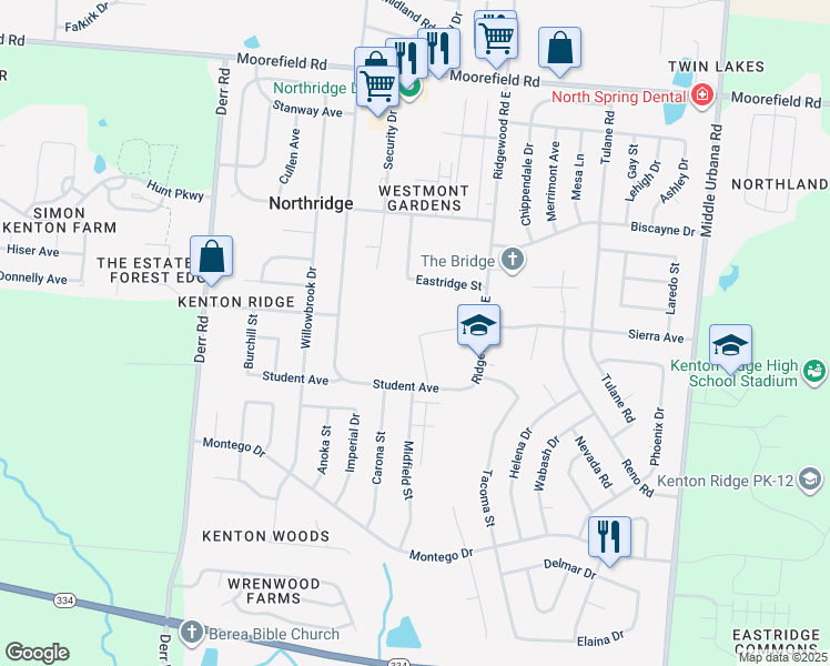 map of restaurants, bars, coffee shops, grocery stores, and more near 4445 Ridgewood Road East in Springfield