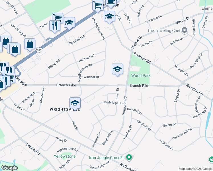 map of restaurants, bars, coffee shops, grocery stores, and more near 645 Forklanding Road in Cinnaminson