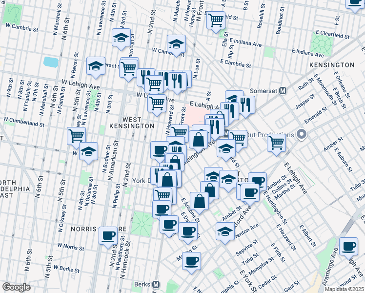 map of restaurants, bars, coffee shops, grocery stores, and more near 111 East Cumberland Street in Philadelphia