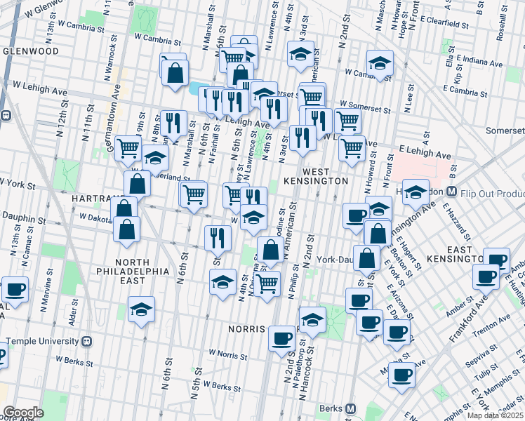 map of restaurants, bars, coffee shops, grocery stores, and more near 2426 North Orianna Street in Philadelphia