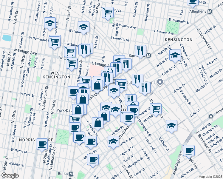 map of restaurants, bars, coffee shops, grocery stores, and more near 1826 East Hazzard Street in Philadelphia
