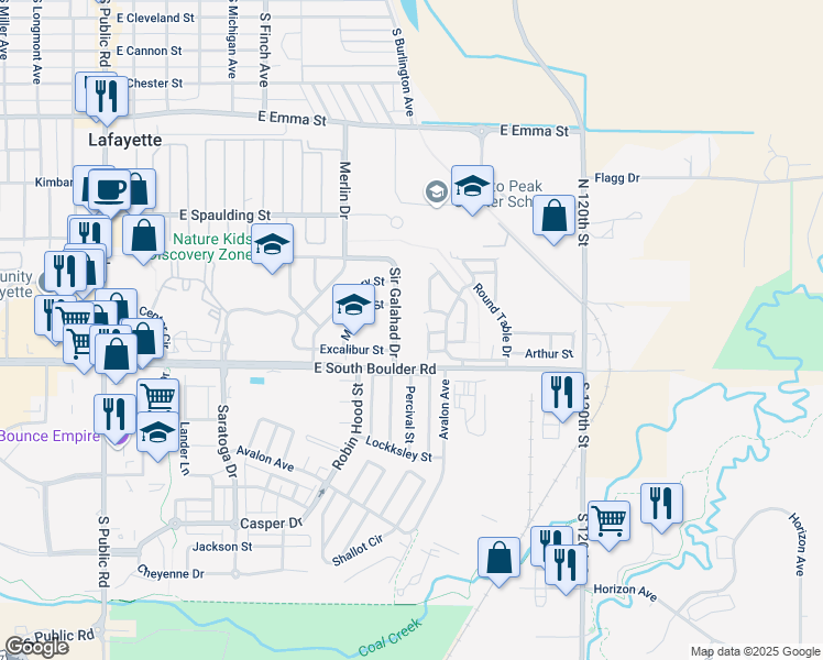 map of restaurants, bars, coffee shops, grocery stores, and more near 1050 Sir Galahad Drive in Lafayette