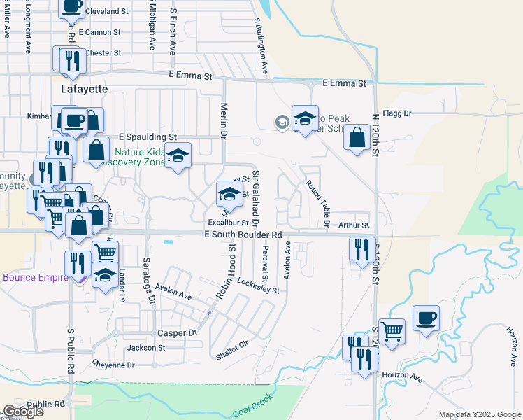 map of restaurants, bars, coffee shops, grocery stores, and more near 1005 Modred Street in Lafayette