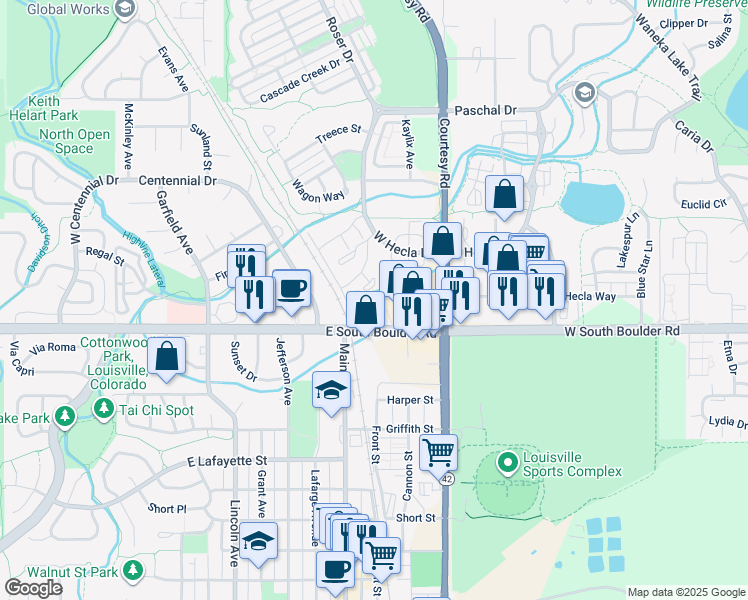 map of restaurants, bars, coffee shops, grocery stores, and more near 1035 East South Boulder Road in Louisville