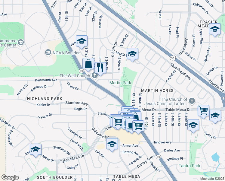 map of restaurants, bars, coffee shops, grocery stores, and more near 3505 Fordham Court in Boulder