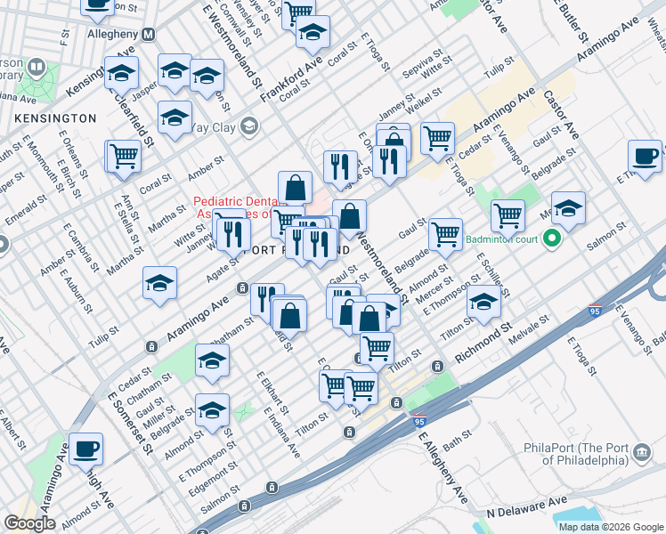 map of restaurants, bars, coffee shops, grocery stores, and more near 3235 Cedar Street in Philadelphia