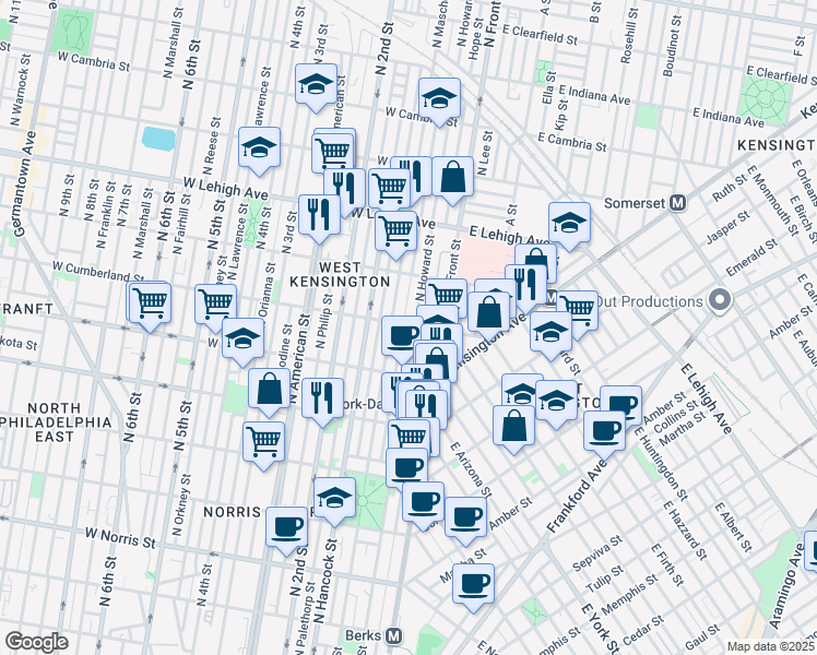 map of restaurants, bars, coffee shops, grocery stores, and more near 2514 North Mascher Street in Philadelphia
