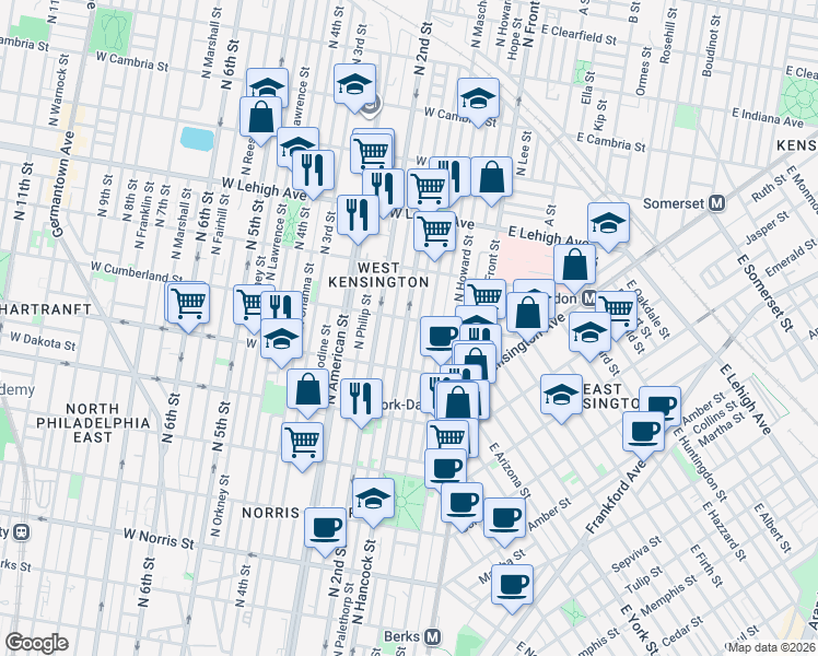 map of restaurants, bars, coffee shops, grocery stores, and more near in Philadelphia