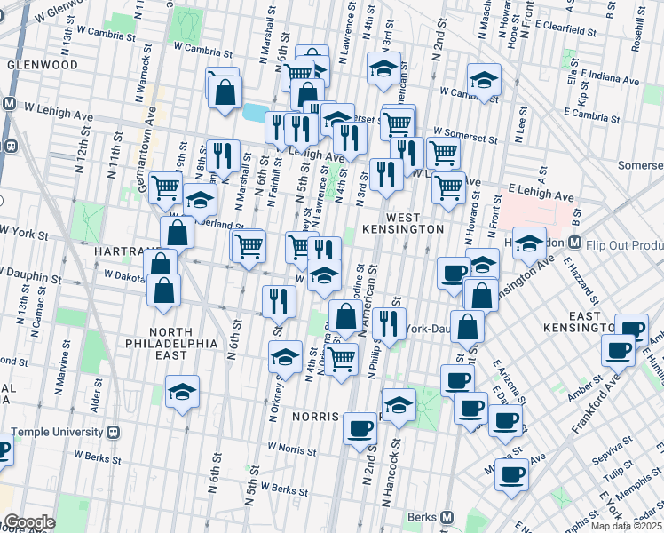 map of restaurants, bars, coffee shops, grocery stores, and more near 2453 North Leithgow Street in Philadelphia