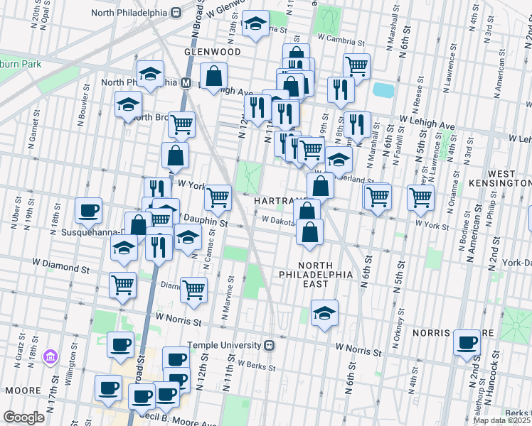 map of restaurants, bars, coffee shops, grocery stores, and more near 1036 West York Street in Philadelphia