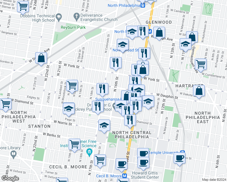 map of restaurants, bars, coffee shops, grocery stores, and more near 1543 West Dauphin Street in Philadelphia