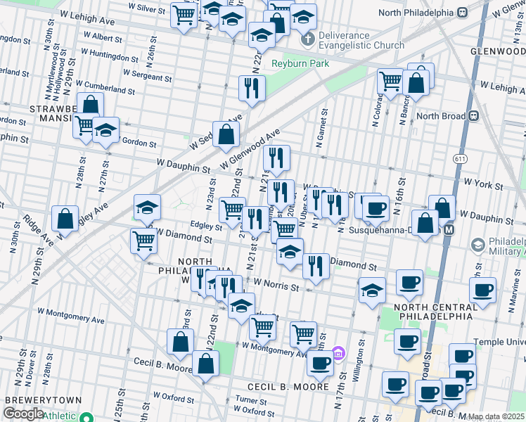 map of restaurants, bars, coffee shops, grocery stores, and more near 2229 North Van Pelt Street in Philadelphia