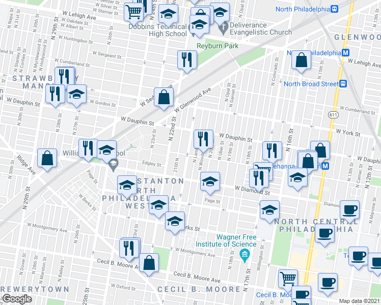 map of restaurants, bars, coffee shops, grocery stores, and more near 2229 North Van Pelt Street in Philadelphia