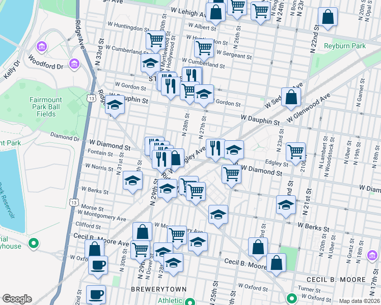 map of restaurants, bars, coffee shops, grocery stores, and more near 2139 North 28th Street in Philadelphia