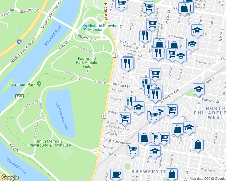 map of restaurants, bars, coffee shops, grocery stores, and more near in Philadelphia