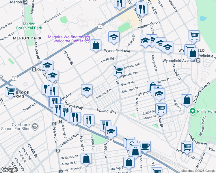 map of restaurants, bars, coffee shops, grocery stores, and more near 5729 Wyndale Avenue in Philadelphia