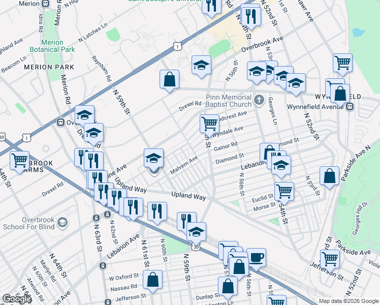 map of restaurants, bars, coffee shops, grocery stores, and more near 5729 Wyndale Avenue in Philadelphia