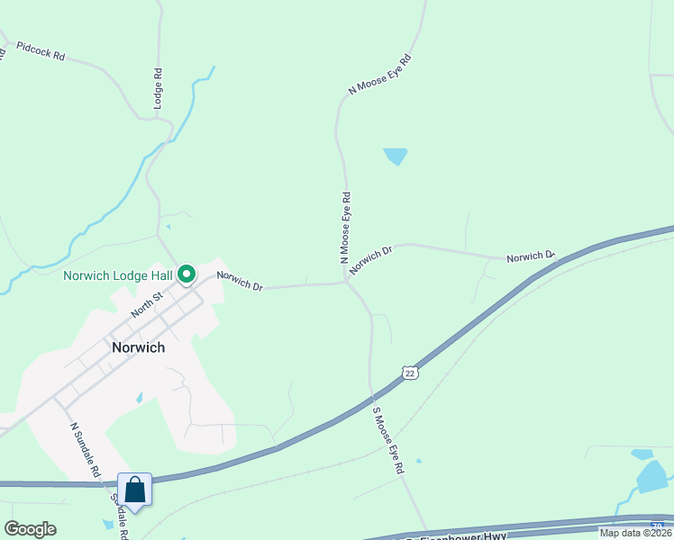 map of restaurants, bars, coffee shops, grocery stores, and more near 385 North Moose Eye Road in Norwich