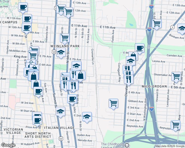 map of restaurants, bars, coffee shops, grocery stores, and more near 1219 Cromartie Lane in Columbus