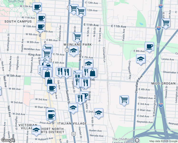 map of restaurants, bars, coffee shops, grocery stores, and more near 1246 North 5th Street in Columbus