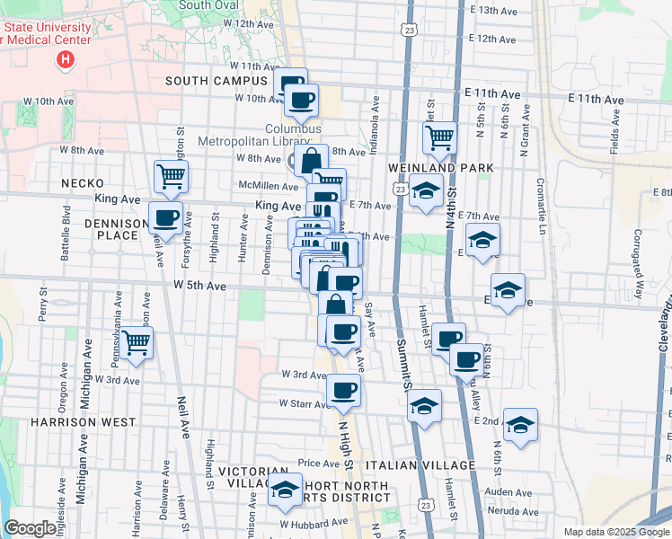 map of restaurants, bars, coffee shops, grocery stores, and more near 1276 North High Street in Columbus