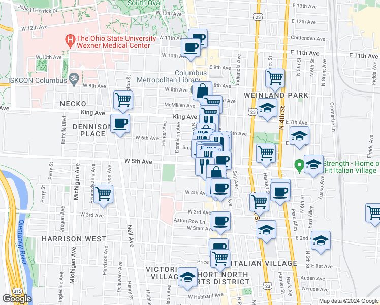 map of restaurants, bars, coffee shops, grocery stores, and more near 46 Smith Place in Columbus