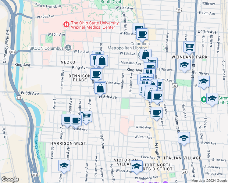 map of restaurants, bars, coffee shops, grocery stores, and more near 147 West 6th Avenue in Columbus