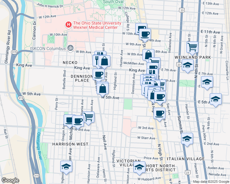 map of restaurants, bars, coffee shops, grocery stores, and more near 147 West 6th Avenue in Columbus