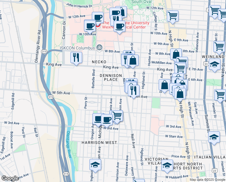 map of restaurants, bars, coffee shops, grocery stores, and more near 318 West 6th Avenue in Columbus