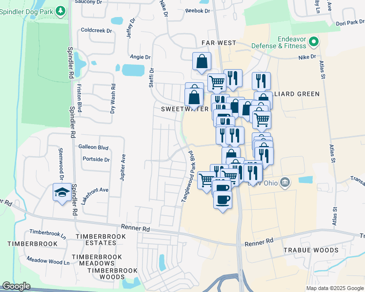 map of restaurants, bars, coffee shops, grocery stores, and more near 1840 Bennigan Drive in Hilliard