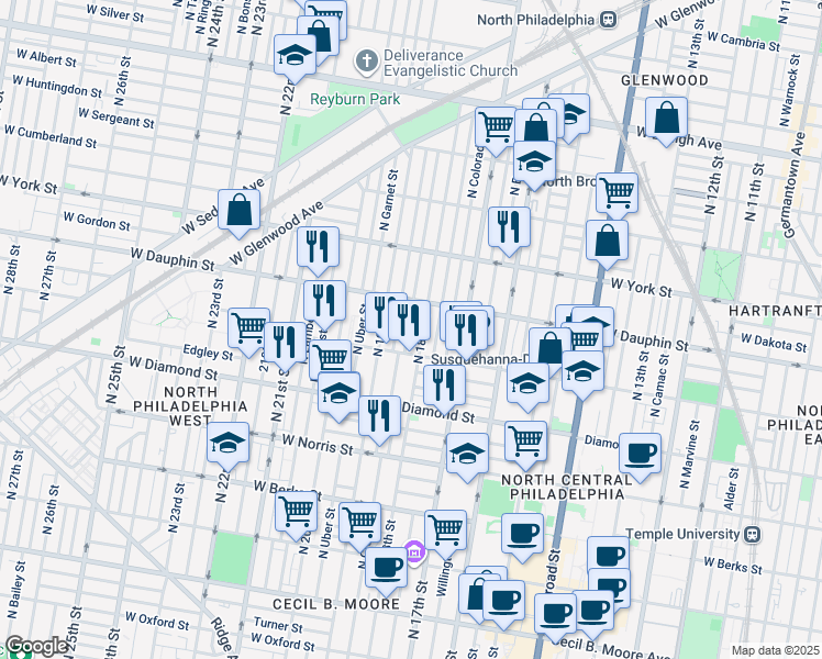 map of restaurants, bars, coffee shops, grocery stores, and more near 2233 North Cleveland Street in Philadelphia