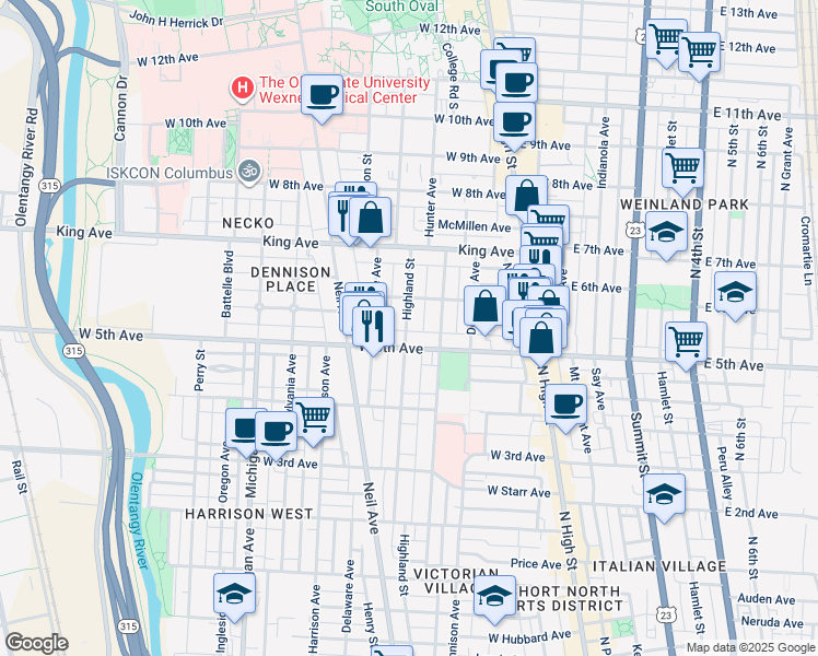 map of restaurants, bars, coffee shops, grocery stores, and more near 147 West 6th Avenue in Columbus