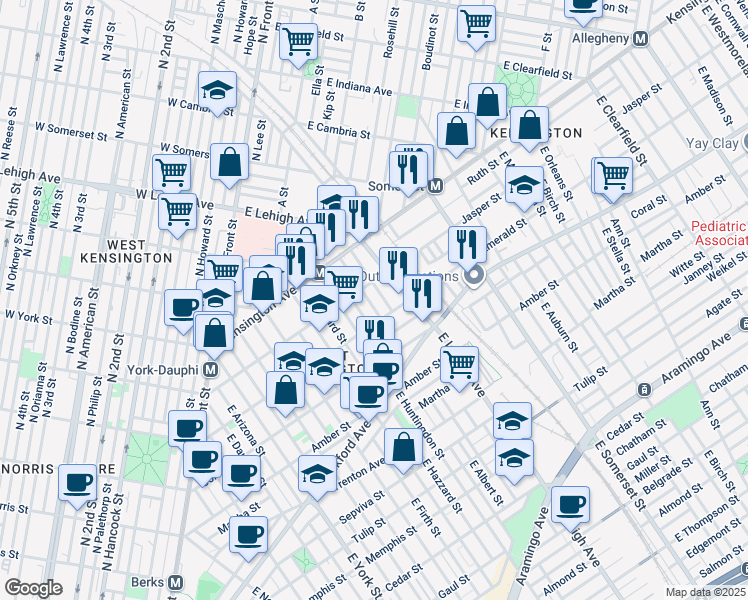 map of restaurants, bars, coffee shops, grocery stores, and more near 1917 East Albert Street in Philadelphia