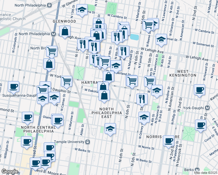 map of restaurants, bars, coffee shops, grocery stores, and more near 2354-56 North 8th Street in Philadelphia