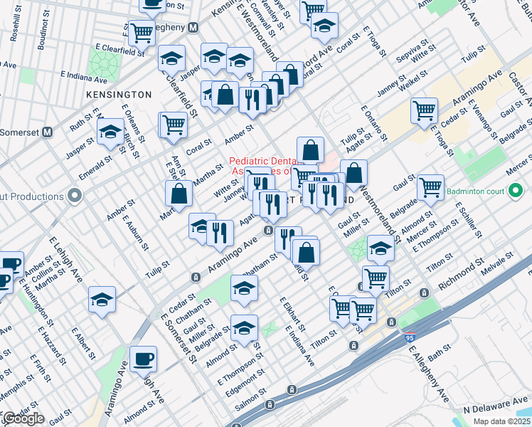 map of restaurants, bars, coffee shops, grocery stores, and more near 2325 East Clearfield Street in Philadelphia