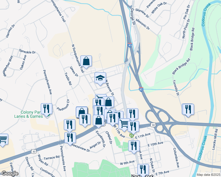 map of restaurants, bars, coffee shops, grocery stores, and more near 55 Heidelberg Avenue in York