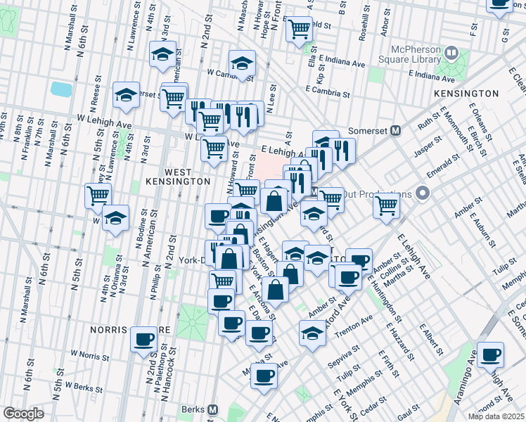 map of restaurants, bars, coffee shops, grocery stores, and more near 2502 North Water Street in Philadelphia